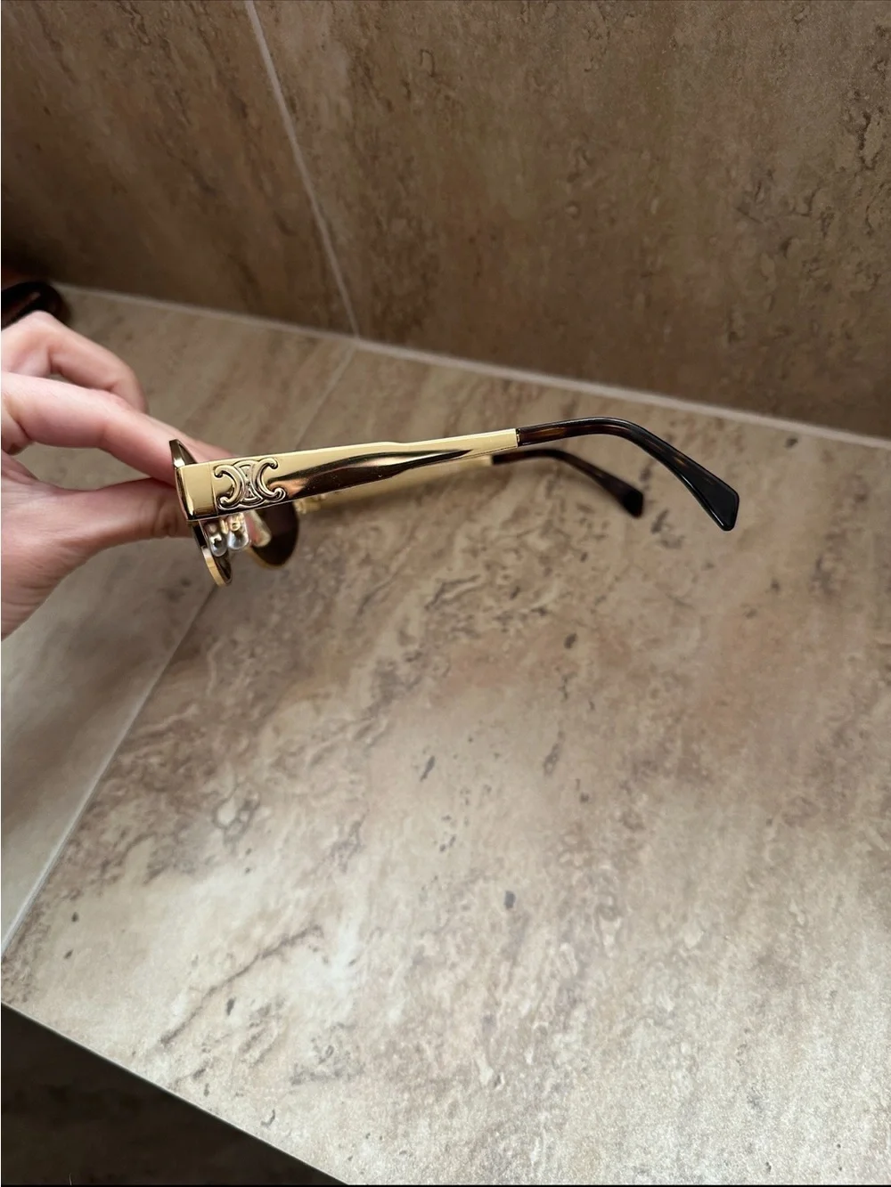 Celine Gold - Triomphe - Metal Oval Sunglasses with Green Lenses